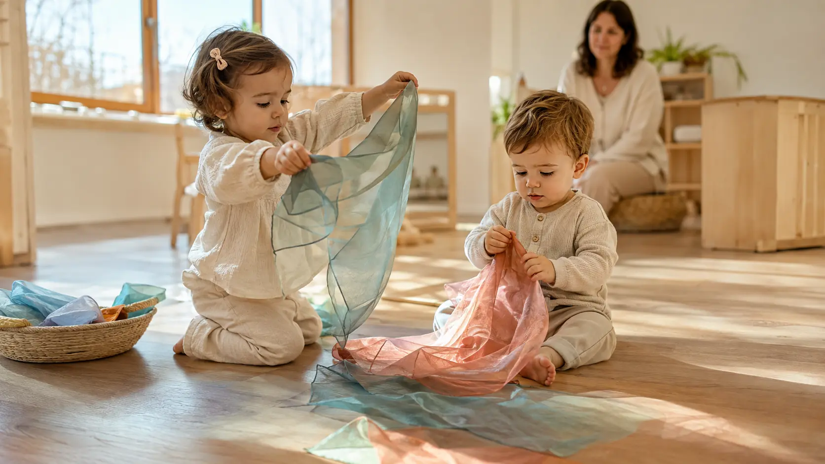 Dos infants exploren lliurement teles translúcides i la llum natural mentre una educadora observa i acompanya.