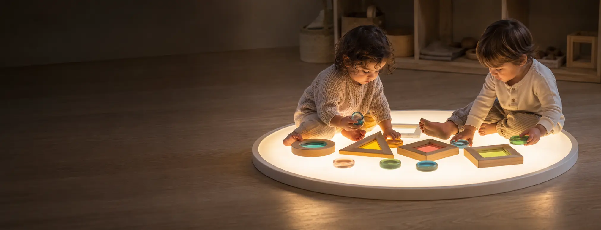 Dos infants experimenten lliurement amb peces translúcides de fusta sobre una taula de llum arran de terra