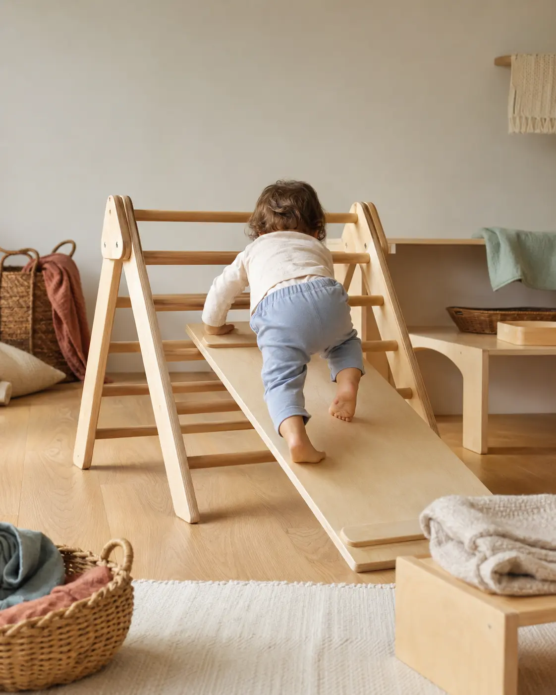 Infant movent-se amb autonomia en un espai Pikler de fusta